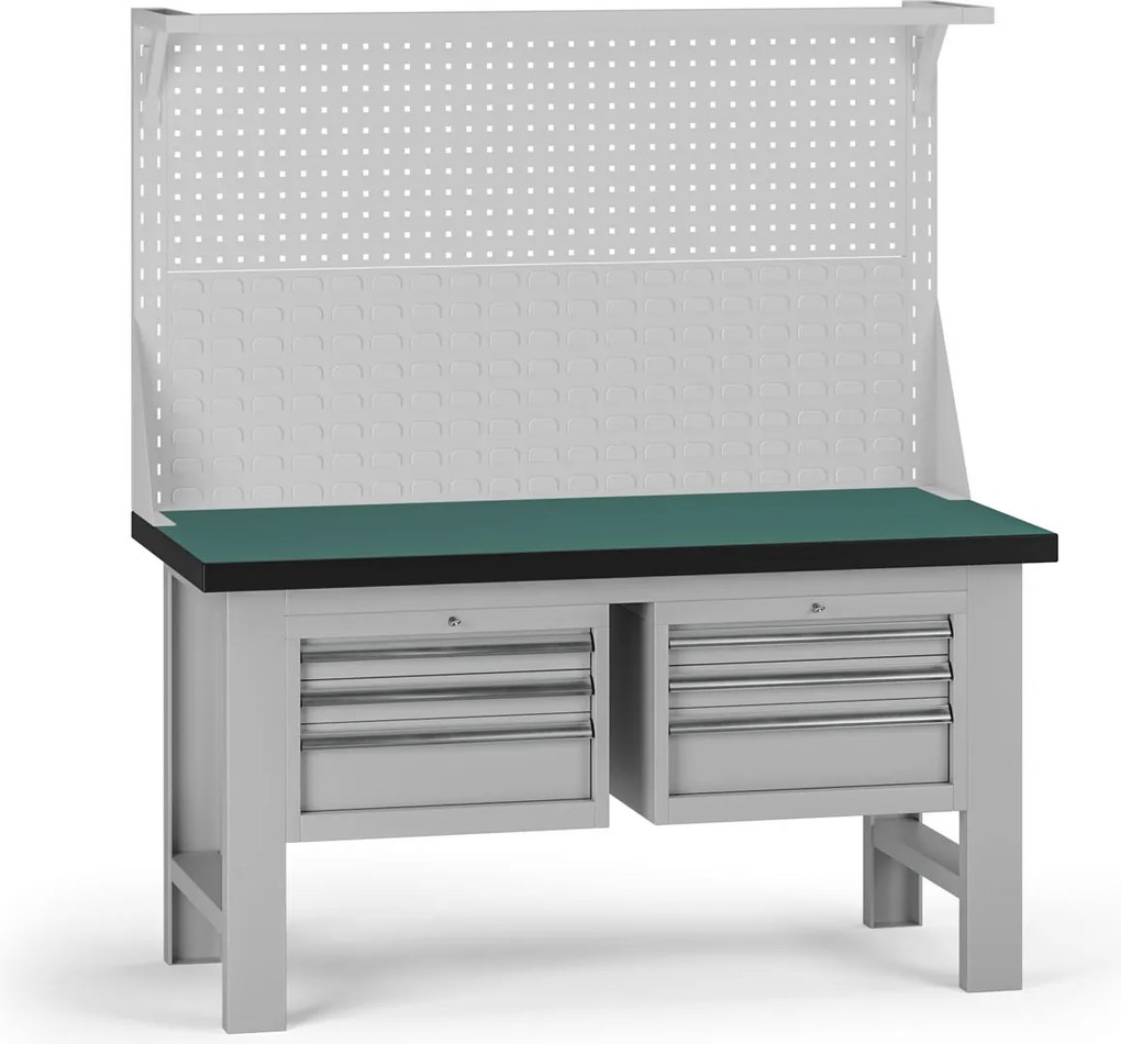 Pracovný stôl do dielne G8 s nadstavbou, 1500 x 750 x 800 mm, 2x kontejner, 6 zásuviek, sivá
