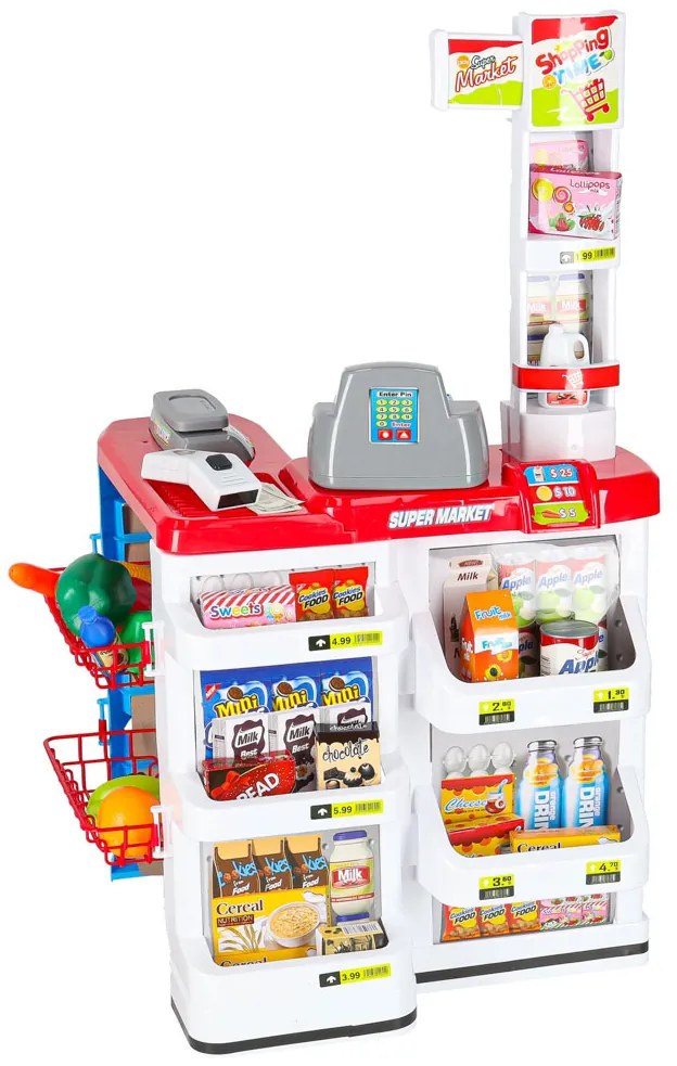 KIK Detský supermarket – hra na obchod so skutočnou pokladňou, skenerom a vozíkom (47ks)