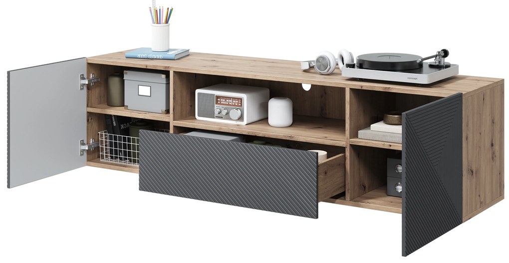 Závesný TV stolík Asha 167 cm s otvorenou policou - artisan / rivier stone mat
