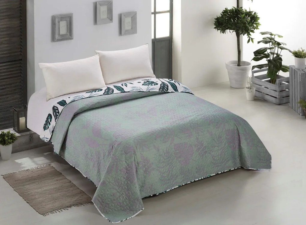 Obojstranný prehoz na posteľ AmeliaHome Flowee bielo-zelený, velikost 170x270