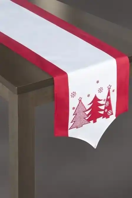 DomTextilu Vianočná štóla na stôl v bielo červenej farbe s 3 stromčekmi  35x140 12310-172533 | BIANO