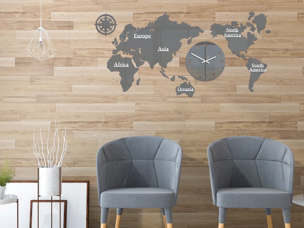 Nástenné samolepiace hodiny Mapa sveta 110x55 cm sivé