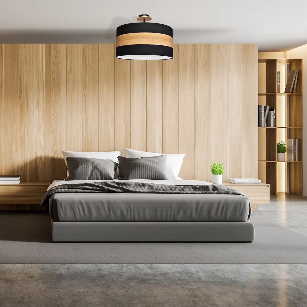 Stropné svietidlo Terra, 1x drevené/čierne textilné tienidlo, drevo