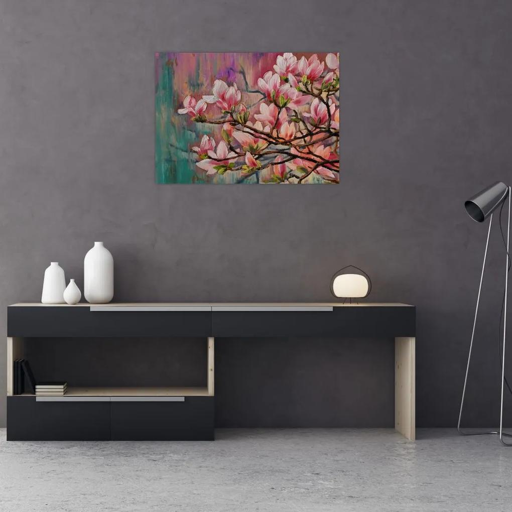 Sklenený obraz - Olejomaľba, Rozkvitnutá sakura (70x50 cm)