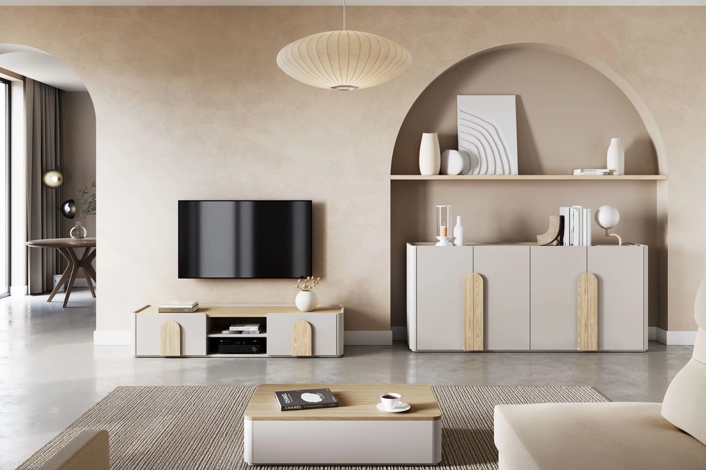 TV stolík Amilio 170 cm so zásuvkou - kašmír / olejovaný dub / úchytky svetlý dub