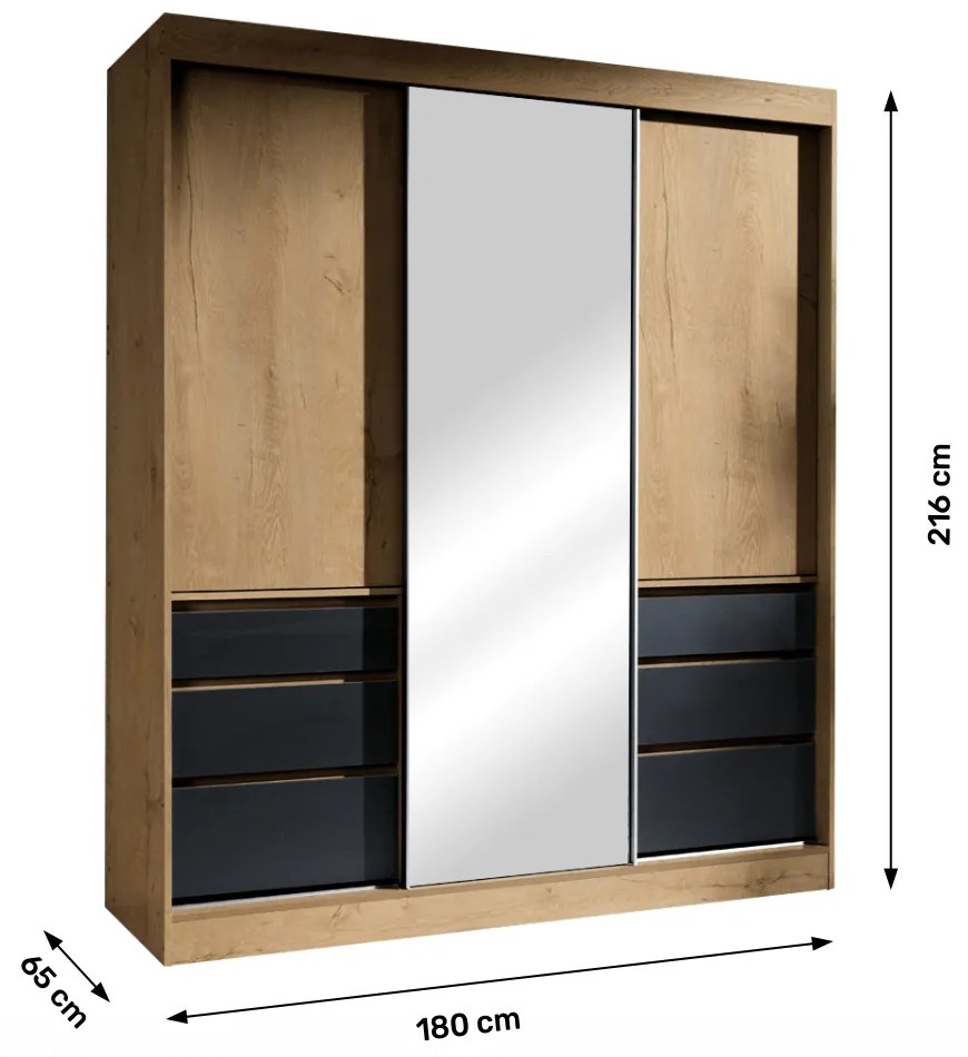 Šatníková skriňa 180 so zrkadlom Romunald (dub lefkas + čierna). Vlastná spoľahlivá doprava až k Vám domov. 1016729