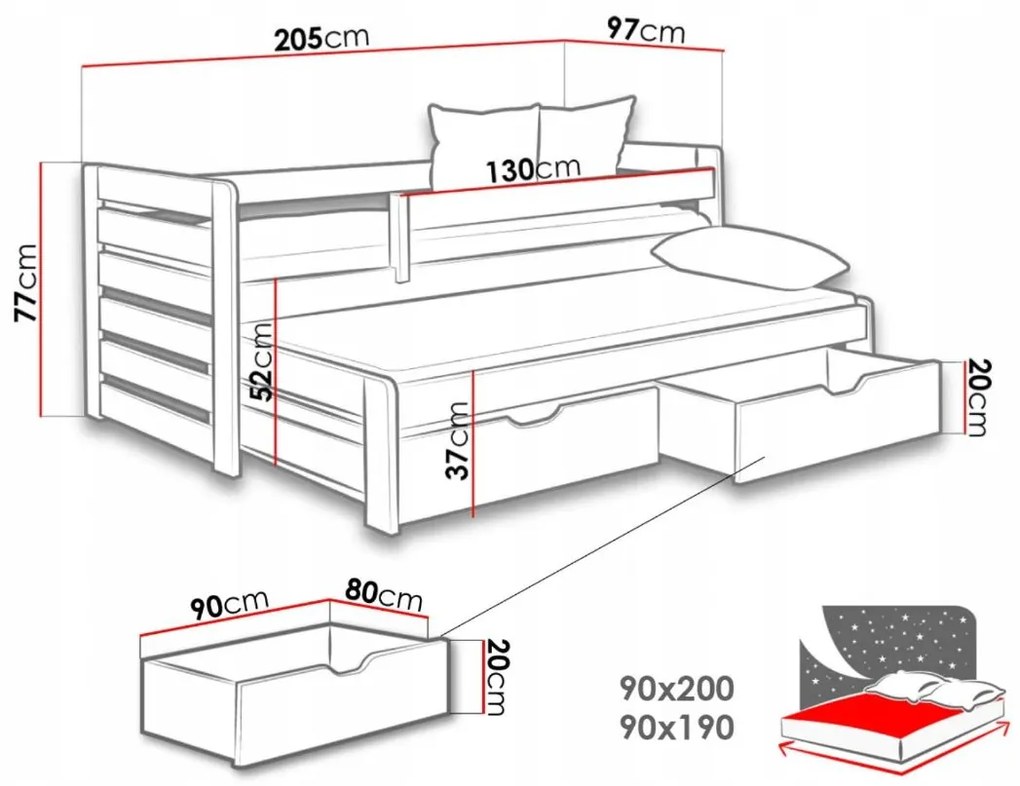 Detská posteľ z masívu borovice TOMÁŠ II s prístelkou a šuplíky - 200x90 cm - prírodná borovica