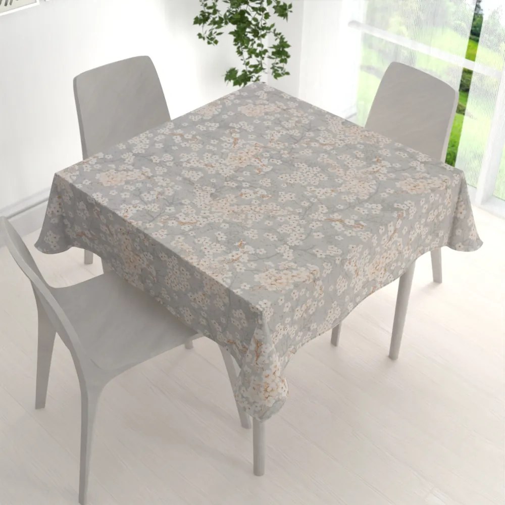 Biante Bavlnený štvorcový obrus Sandra SA-634 Biele čerešňové kvety na sivom 110x110 cm