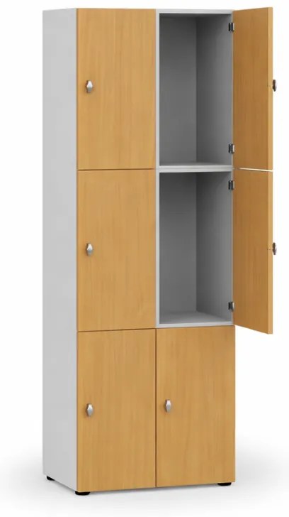 Drevená šatníková skrinka S4 s úložnými boxmi, 6 boxov, demont, otočný zámok, sivá/orech