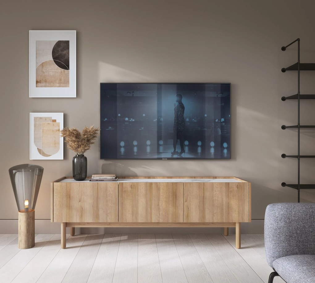 TV stolík Boho La 144 cm dub riviera/biely mramor