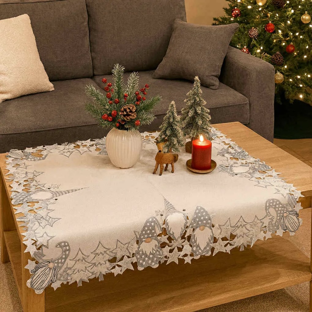 Vianočný vyšívaný obrus Škriatok sivý 85x85 cm TiaHome