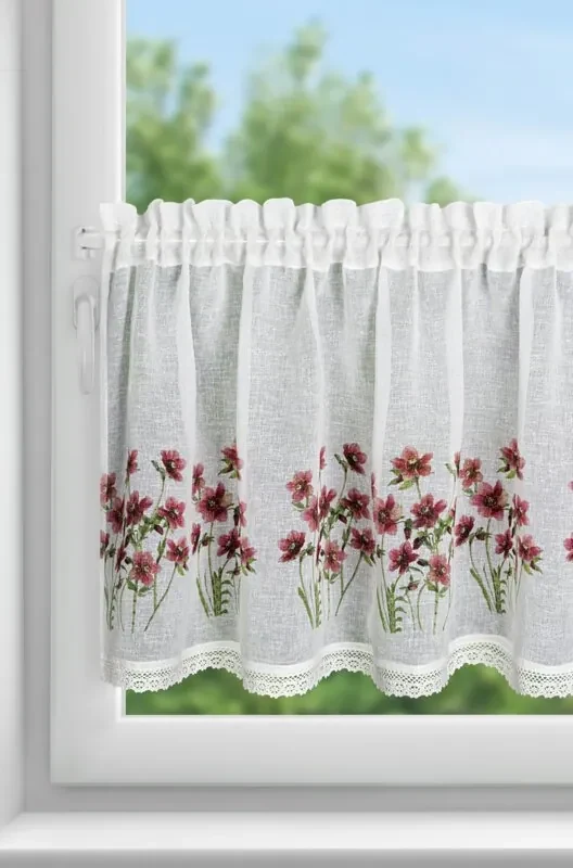 Dekorstudio Kuchynská záclonka ISA zdobená kvetinovou potlačou a čipkou 150 x 60 cm