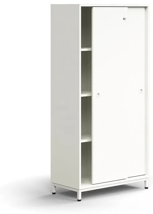 Skriňa s posuvnými dverami QBUS, 3 police, na nožičkách, s madlom, 1636x800x400 mm, biela