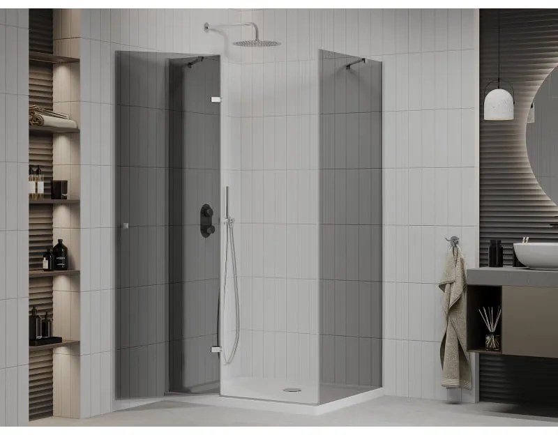 Mexen Roma, sprchový kút s krídlovými dverami 70 (dvere) x 90 (stena) cm, 6mm šedé sklo, chrómový profil + slim sprchová vanička biela + chrómový sifón, 854-070-090-01-40-4010