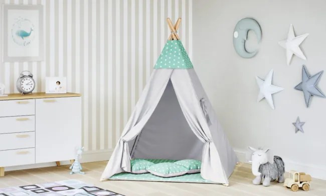 Detský stan Tipi hviezdy mäta / sivý