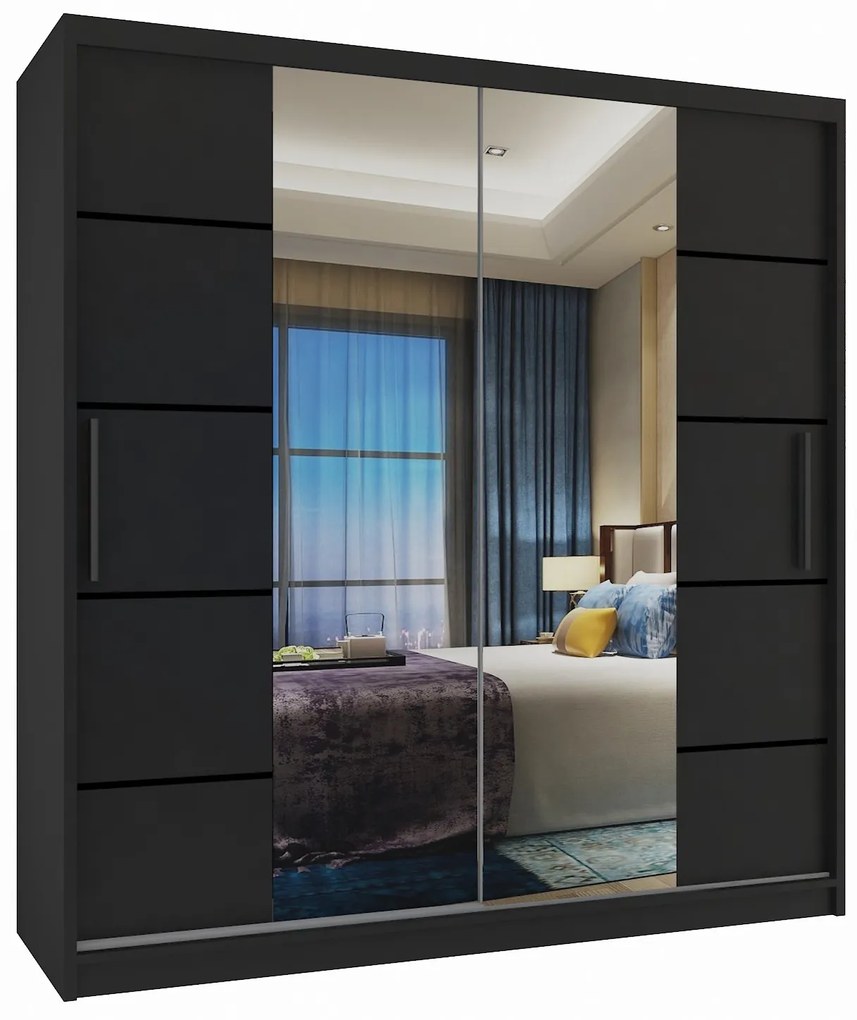 Šatníková skriňa 158 cm Belini čierny mat s posuvnými dverami zrkadlom a zásuvkami ME SZP7/0/B/B/0/KLP