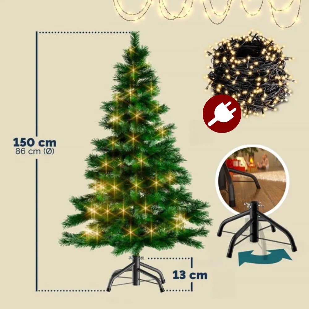 Casaria Umelý vianočný stromček RUDOLPH so svetielkami, 150cm, zelená