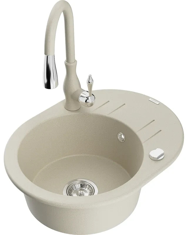 Mexen Kevin, granitový drez 586x458x190 mm, 1-komorový a drezová batéria Savita, béžová, 6517-69-672601-69