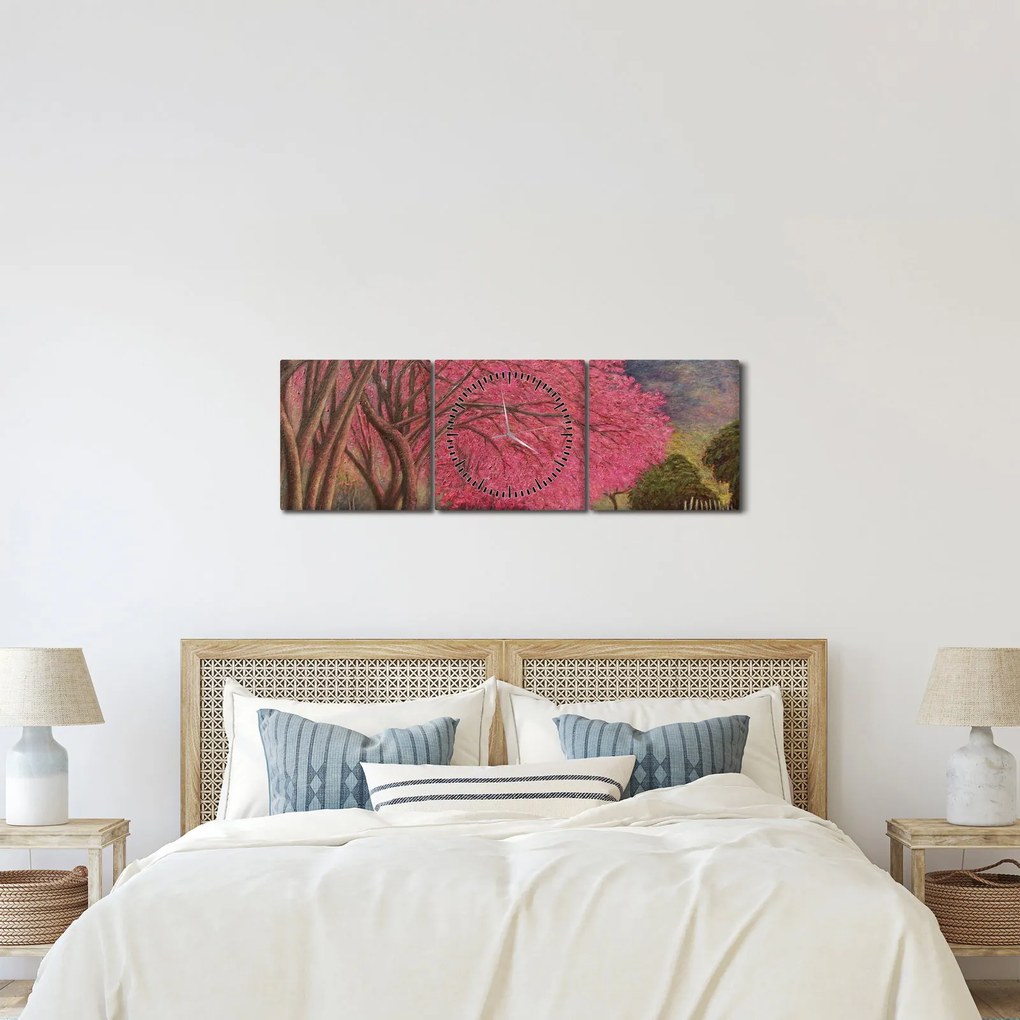Obraz rozkvitnutých stromov (s hodinami) (90x30 cm)