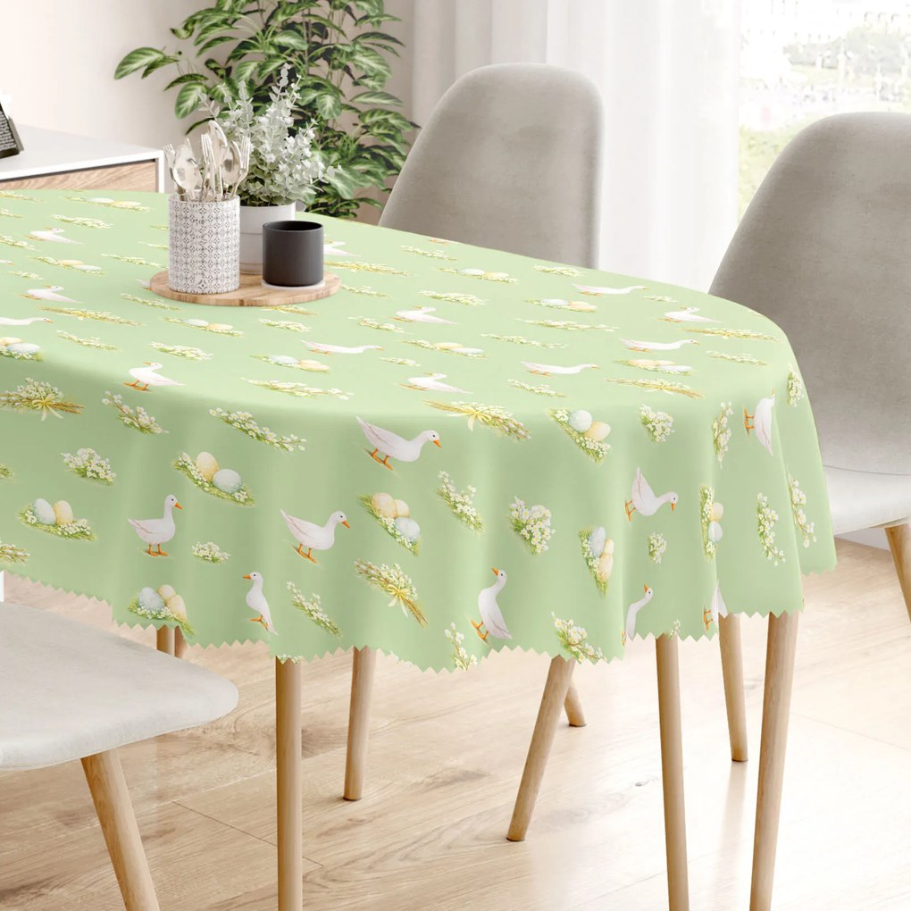 Goldea veľkonočný oválny teflónový obrus - husy a kraslice 140 x 240 cm