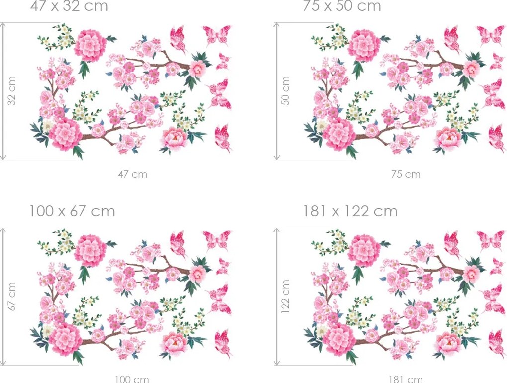 Rozkvitnutá čerešňa s motýlikmi textilní prelepiteľné nálepky na stenu hárok 46 x 31 cm
