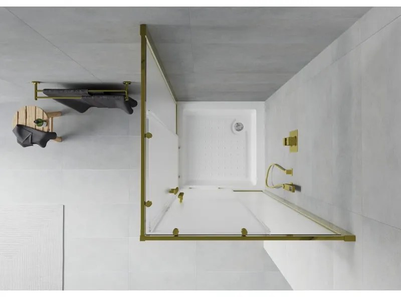 Mexen Rio, štvorcový sprchovací kút s posuvnými dverami 80(dvere) x 80(dvere) x 190 cm, 6mm sklo námraza, zlatý profil + biela sprchová vanička RIO, 860-080-080-50-30-4510