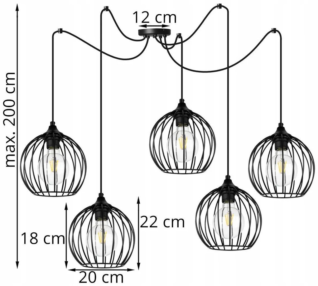 Závesné svietidlo Toronto Spider, 5x čierne drôtené tienidlo