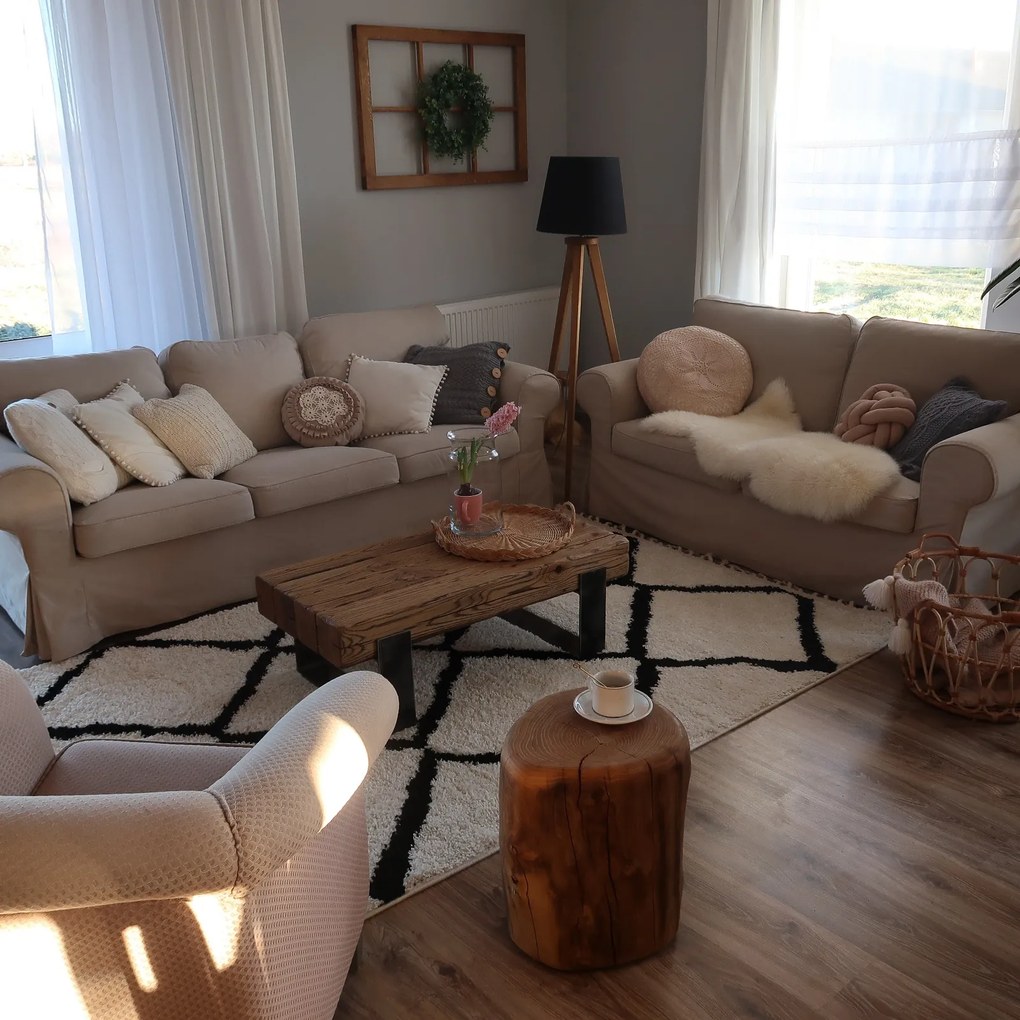 Koberec BERBER CROSS, biely, strapce, Maroko Shaggy