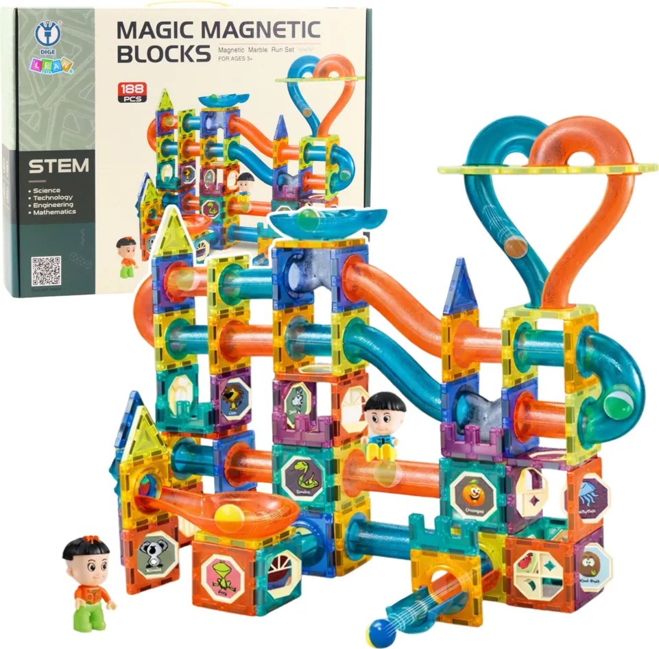 LEAN Toys Sada magnetických blokov guľôčková dráha šmykľavka farebná 188 ks