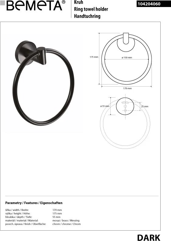 Bemeta Design DARK: Držiak uterákov, kruhový - 104204060