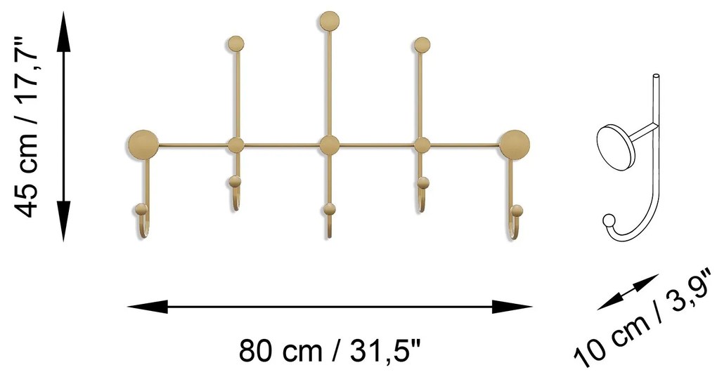 Nástenný kovový vešiak Iyon 80 cm zlatý