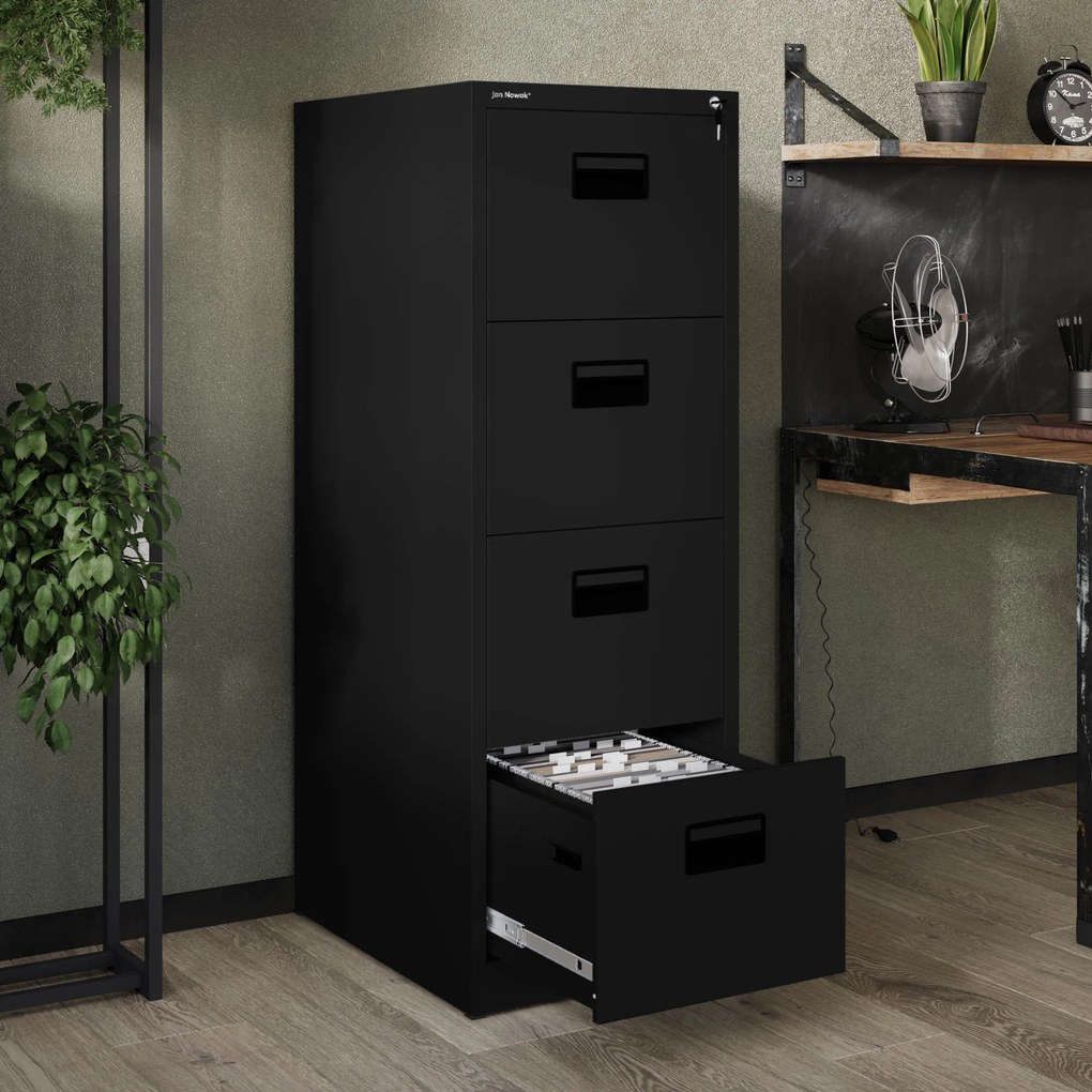 Kovová kartotéková skriňa so 4 zásuvkami, čierna, 460x1320x620 mm: SARA