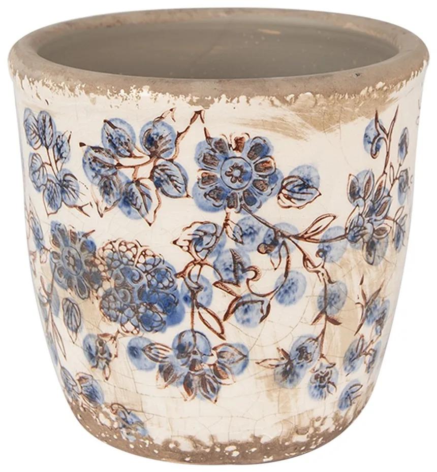 Keramický obal na kvetináč s modrými kvetmi Blusia - Ø 11*10 cm