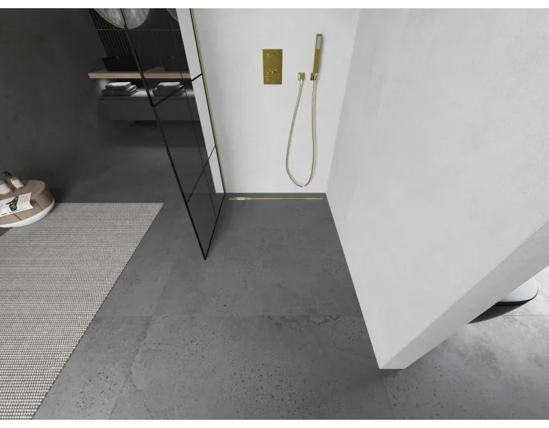 Mexen Kioto L, sprchová zástena Walk-In 80 x 200 cm, 8mm číre sklo čierny vzor, zlatý matný profil, 800-080-103-55-77