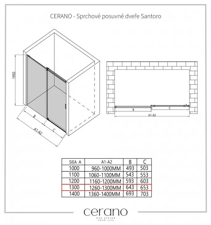 Cerano Lantono, posuvné dvere do otvoru 130x195 cm, 8mm číre sklo, čierny profil, CER-CER-429739
