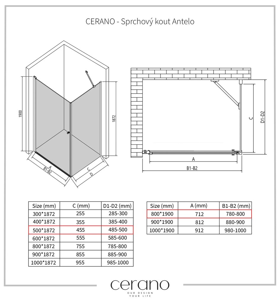 CERANO - Sprchovací kút Antelo L/P - chróm, transparentné sklo - 80x50 cm - krídlový, CER-CER-477386