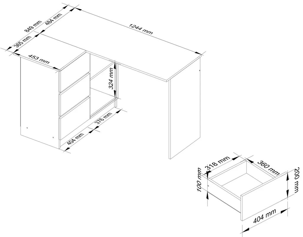 Rohový písací stôl B16 124 cm jelša ľavý