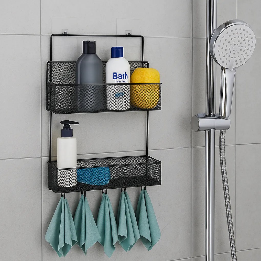 VERK GROUP Dvojposchodová závesná kovová polica do kúpeľne s 5 háčikmi, čierny ARGO
