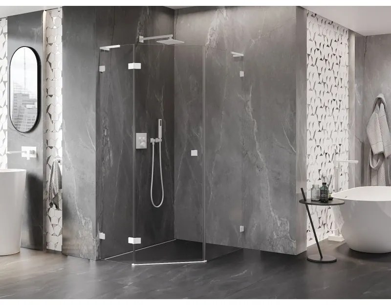 Mexen Lunar, L päťuholníkový sprchový kút naklápací doľava 80 x 90 cm, 8mm číre sklo, biely profil, 831L-080L-090P-20-00-L