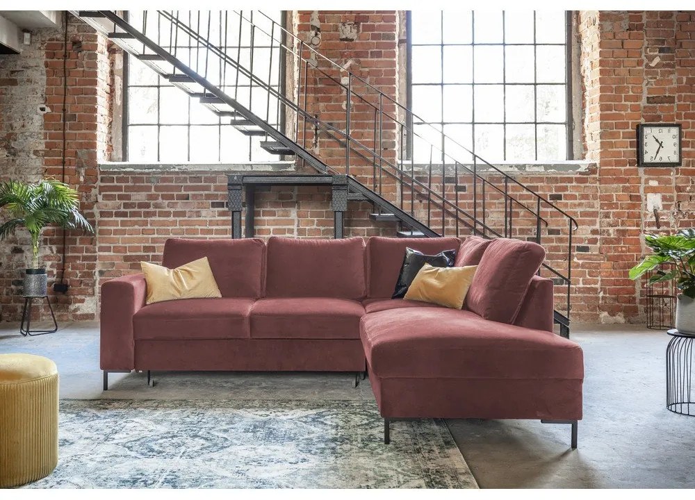 Ružová zamatová rozkladacia rohová pohovka (pravý roh) Lofty Lilly – Miuform