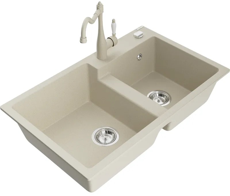 Mexen Tomas, granitový drez 800x500x190 mm, 2-komorový a drezová batéria Carla, béžová, 6516-69-670700-69