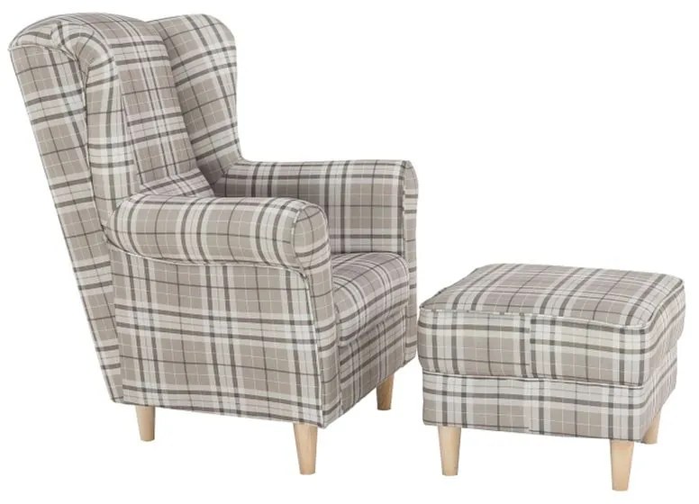 Kondela Kreslo, ušiak s taburetom, hnedé káro látka, ASTRID