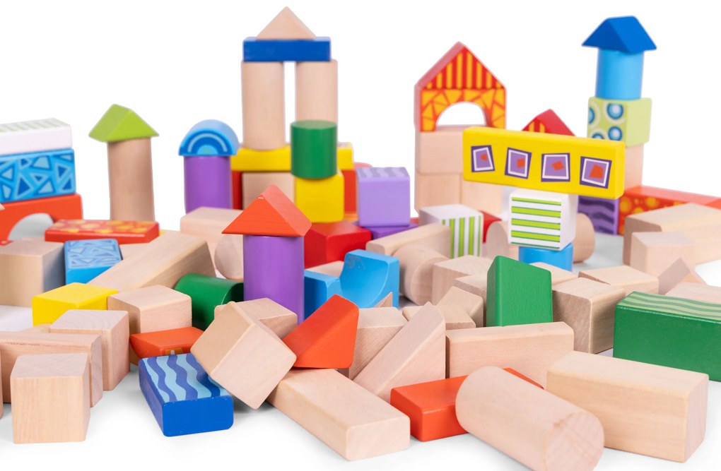 Drevené kocky vo vedierku so sorterom, 100 ks ECOTOYS 2003