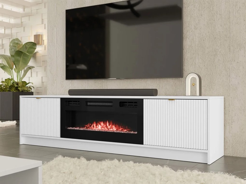 TV stolík/skrinka s krbom Razimo EF, Farby: Biely velvet