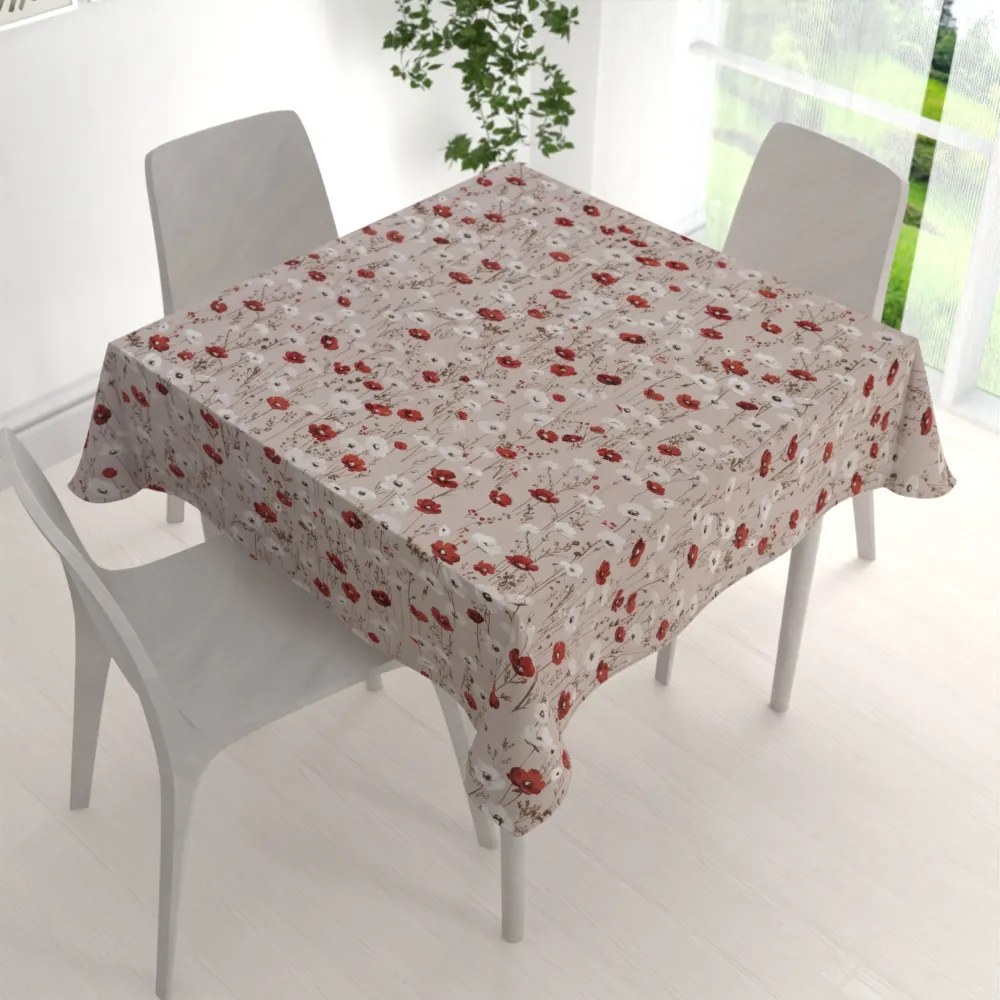Biante Bavlnený štvorcový obrus Sandra SA-631 Červeno-biele vlčie maky na sivobéžovom 70x70 cm