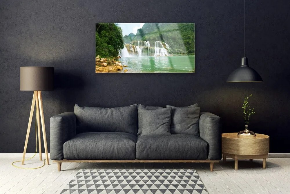 Skleneny obraz Les vodopád príroda 125x50 cm