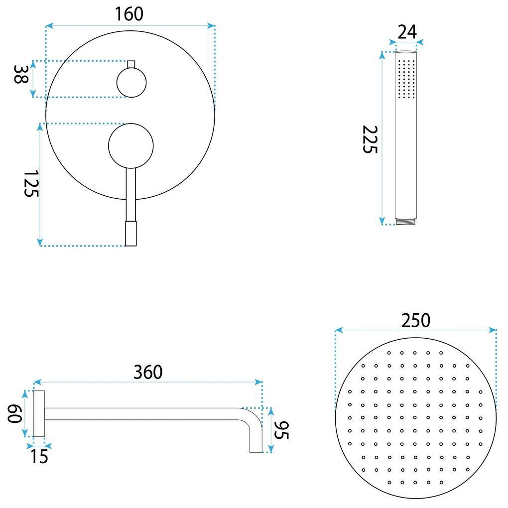 Rea Lungo Diamond, podomietkový sprchový set s dažďovou hlavovou a ručnou sprchou, chrómová, REA-P6963