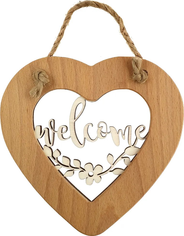 AMADEA Drevené srdce s vkladom Welcome, masívne drevo, veľkosť 16 cm