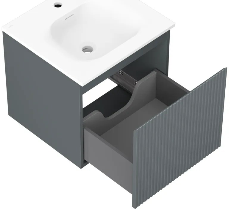 Mexen Rivel, kúpeľňová skrinka 50 cm s umývadlom Vela, 1 zásuvka, drážkovaná, grafitová matná/biela matná, 91A20-05047-1-BF66-W23M01