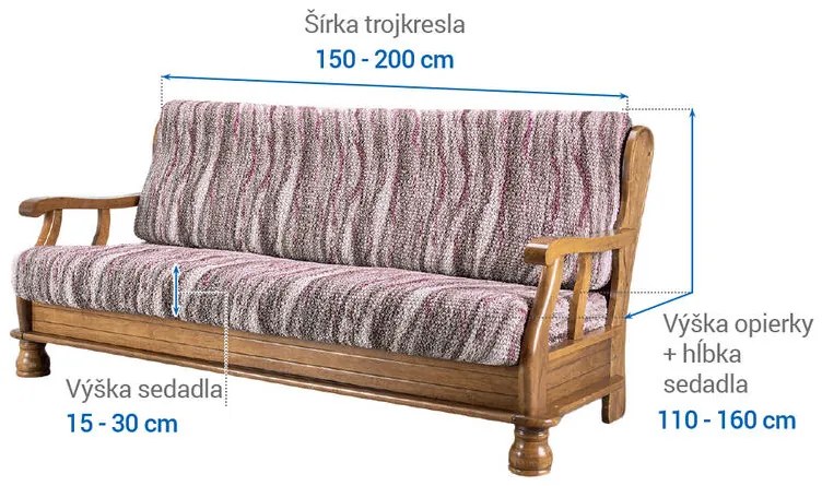 Bielastické poťahy OCEANO NOVÉ hnedo-vínové trojkreslo s drevenými rúčkami (š. 150 - 200 cm)